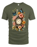 Vintage Floral Clock Butterfly Art Tee with Elegant Style - military green t-shirt on white background