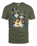 Charming Snowman Couple Tee with Cozy Winter Lantern Artwork - military green t-shirt on white background