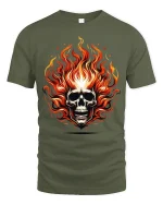 Flaming Skull Tee with Fiery Bold Art and Intense Graphic Style - military green t-shirt on white background