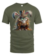 Steampunk Bunny Adventurer Tee with Fantasy Gear Artwork - military green t-shirt on white background