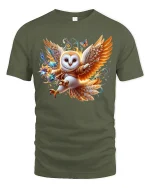 Magical Flying Owl Fantasy Art Tee with Colorful Enchanted Style - military green t-shirt on white background