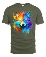 Vibrant Rainbow Wolf Tee with Bold Artistic Splash Design - military green t-shirt on white background