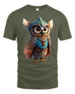 Majestic Tribal Owl Tee with Colorful Fantasy Art Design - military green t-shirt on white background