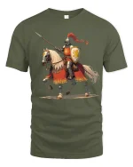 Gallant Knight on Horseback Tee with Bold Medieval Warrior Art - military green t-shirt on white background