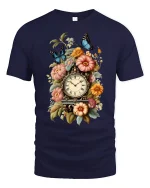 Vintage Floral Clock Butterfly Art Tee with Elegant Style - navy t-shirt on white background