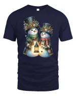 Charming Snowman Couple Tee with Cozy Winter Lantern Artwork - navy t-shirt on white background