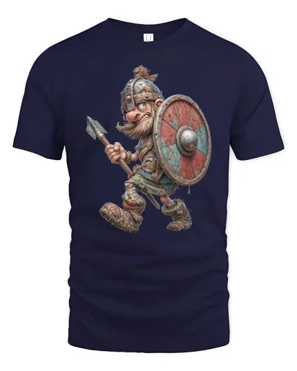 Fearless Viking Warrior Tee with Epic Cartoon Battle Style - navy t-shirt on white background