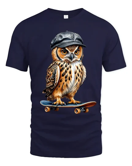 Cool Skateboarding Owl Tee with Urban Style and Fun Street Vibes - navy t-shirt on white background