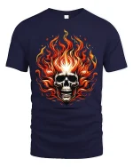 Flaming Skull Tee with Fiery Bold Art and Intense Graphic Style - navy t-shirt on white background