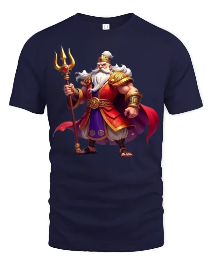 Epic King Warrior Tee with Royal Armor and Powerful Fantasy Art - navy t-shirt on white background