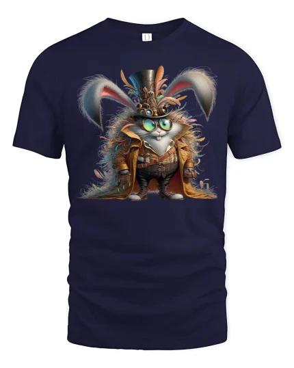 Steampunk Bunny Adventurer Tee with Fantasy Gear Artwork - navy t-shirt on white background