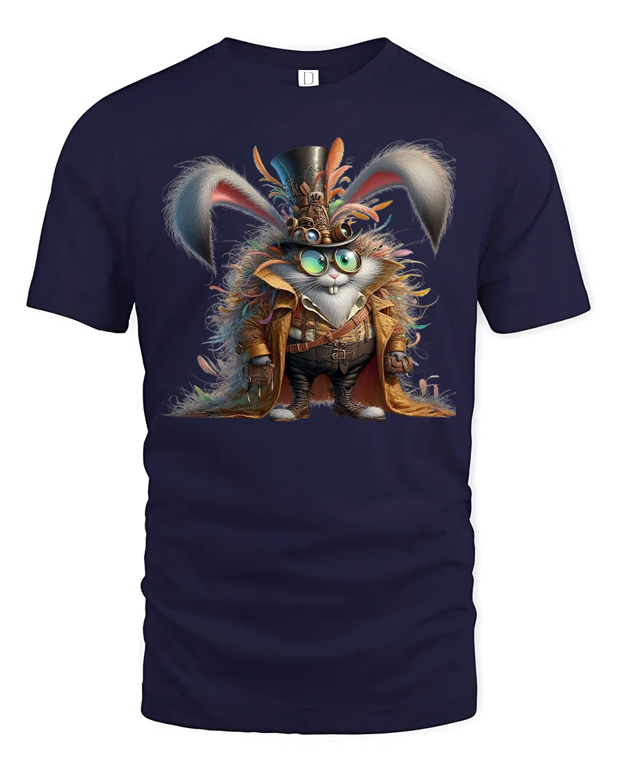 Steampunk Bunny Adventurer Tee with Fantasy Gear Artwork - 1 Steampunk Bunny Adventurer Tee with Fantasy Gear Artwork - navy t-shirt on white background