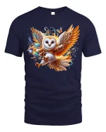 Magical Flying Owl Fantasy Art Tee with Colorful Enchanted Style - navy t-shirt on white background