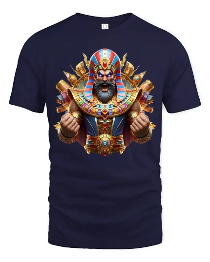 Epic Pharaoh Warrior Tee with Vibrant Egyptian Battle Art - navy t-shirt on white background