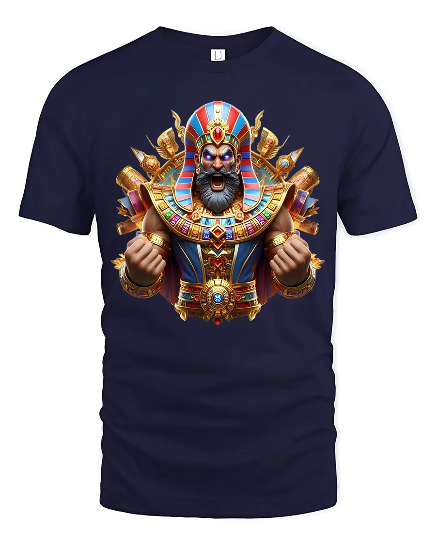 Epic Pharaoh Warrior Tee with Vibrant Egyptian Battle Art - 1 Epic Pharaoh Warrior Tee with Vibrant Egyptian Battle Art - navy t-shirt on white background