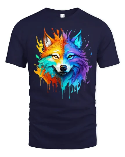 Vibrant Rainbow Wolf Tee with Bold Artistic Splash Design - navy t-shirt on white background