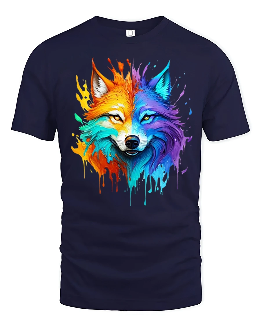 Vibrant Rainbow Wolf Tee with Bold Artistic Splash Design - 1 Vibrant Rainbow Wolf Tee with Bold Artistic Splash Design - navy t-shirt on white background