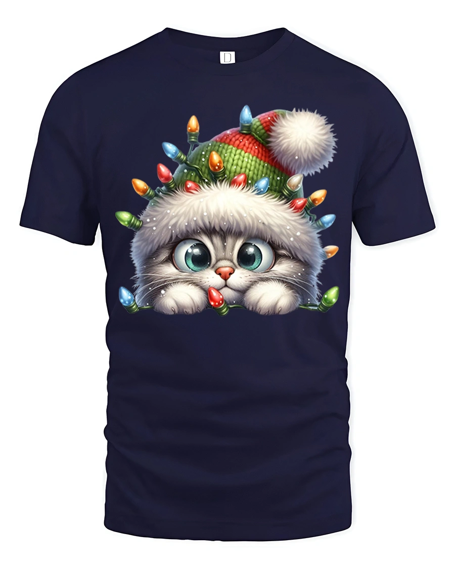 Cute Christmas Cat Tee with Lights and Festive Holiday Hat - 1 Cute Christmas Cat Tee with Lights and Festive Holiday Hat - navy t-shirt on white background
