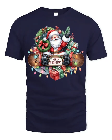 Santa Merry Christmas Tee with Gifts and Festive Lights Design - navy t-shirt on white background