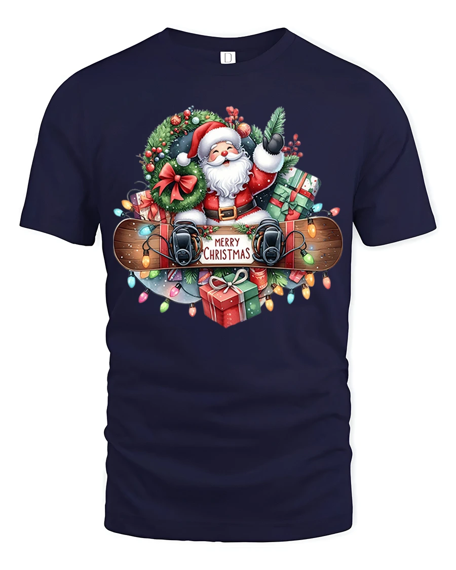 Santa Merry Christmas Tee with Gifts and Festive Lights Design - 1 Santa Merry Christmas Tee with Gifts and Festive Lights Design - navy t-shirt on white background