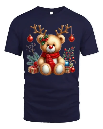 Cute Reindeer Teddy Bear Christmas Tee with Gifts and Ornaments - navy t-shirt on white background