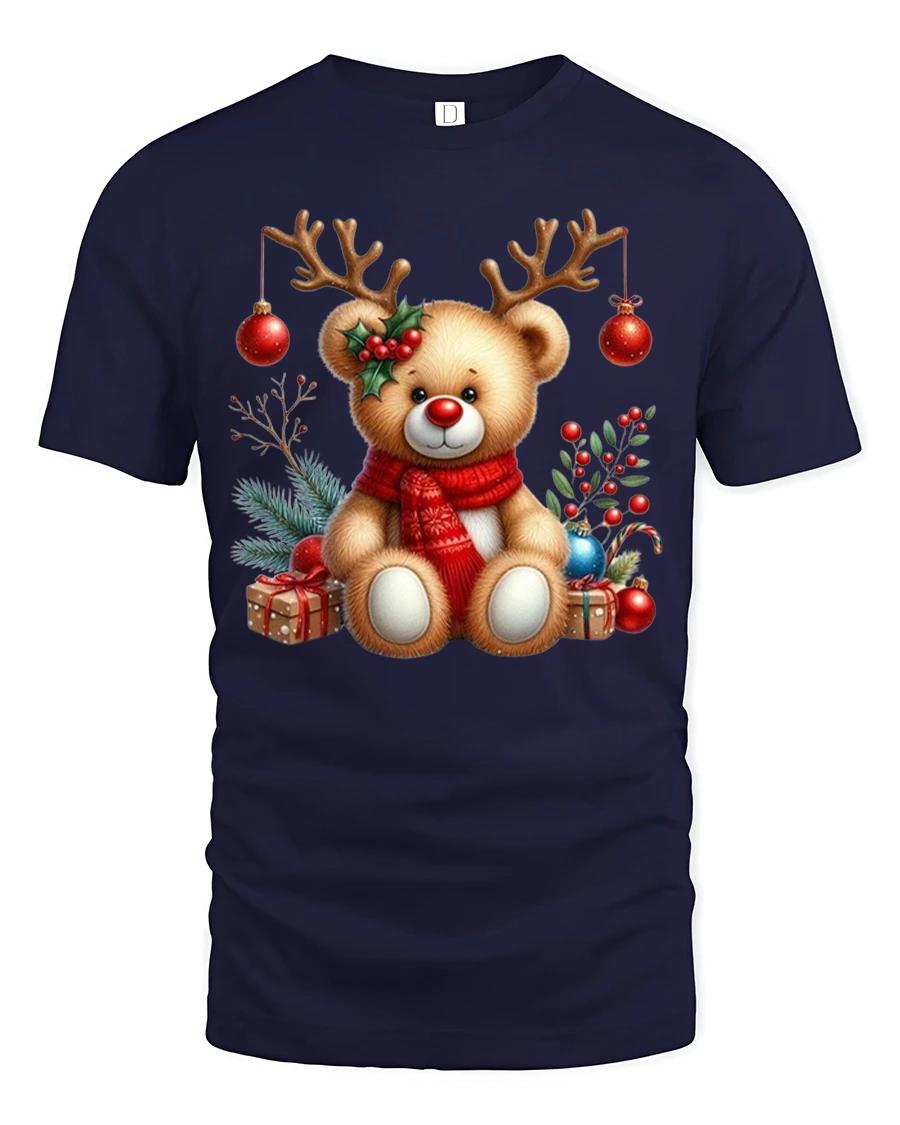 Cute Reindeer Teddy Bear Christmas Tee with Gifts and Ornaments - 1 Cute Reindeer Teddy Bear Christmas Tee with Gifts and Ornaments - navy t-shirt on white background