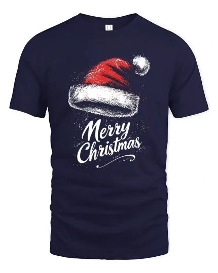 Vintage Santa Hat Merry Christmas Tee with Festive Lettering - navy t-shirt on white background