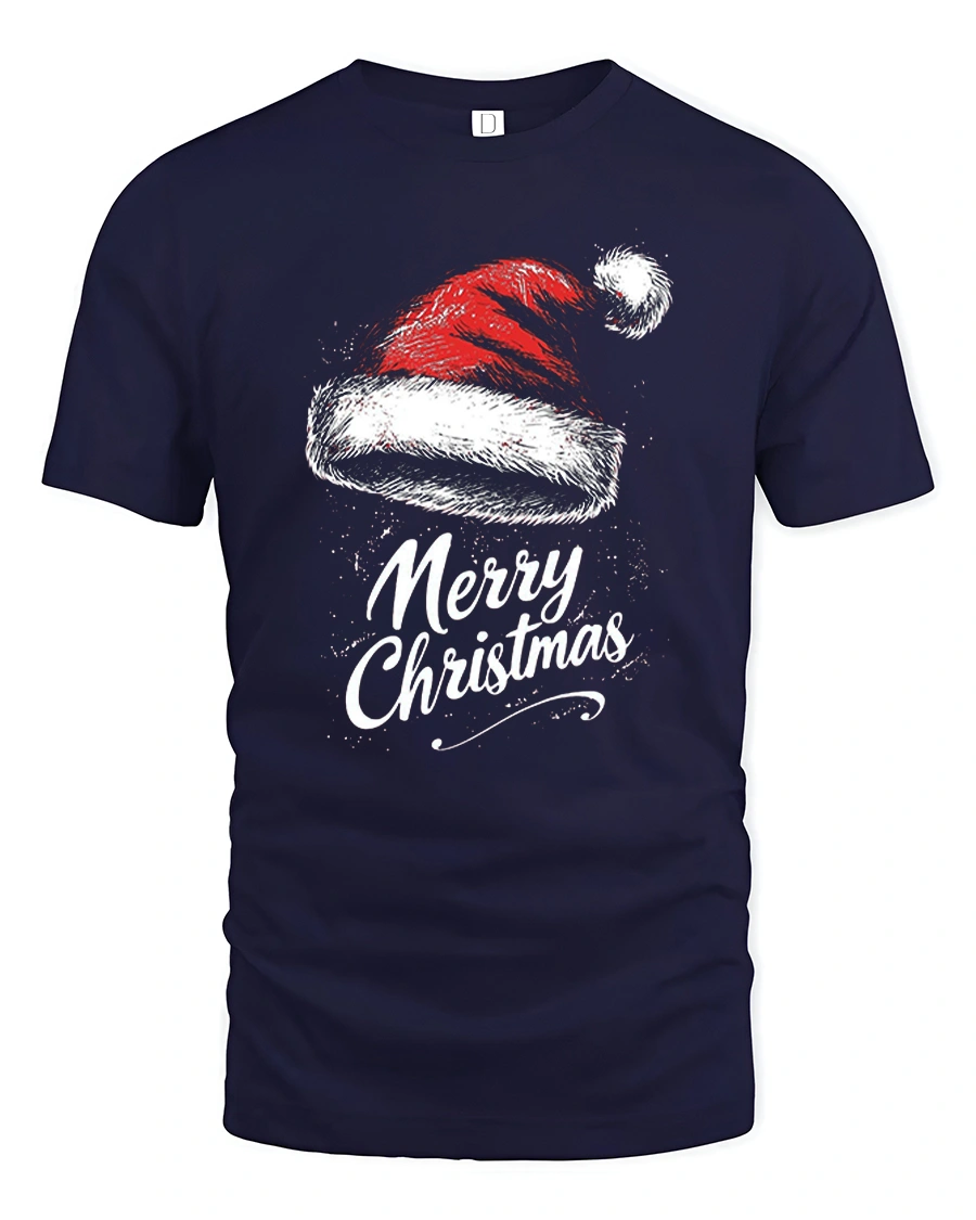 Vintage Santa Hat Merry Christmas Tee with Festive Lettering - 1 Vintage Santa Hat Merry Christmas Tee with Festive Lettering - navy t-shirt on white background