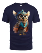 Majestic Tribal Owl Tee with Colorful Fantasy Art Design - navy t-shirt on white background
