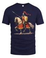 Gallant Knight on Horseback Tee with Bold Medieval Warrior Art - navy t-shirt on white background