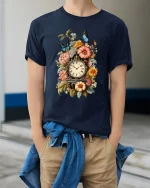 Vintage Floral Clock Butterfly Art Tee with Elegant Style - model wearing navy tee with hands in pockets