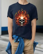 Flaming Skull Tee with Fiery Bold Art and Intense Graphic Style - model wearing navy tee with hands in pockets