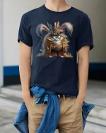 Steampunk Bunny Adventurer Tee with Fantasy Gear Artwork - model wearing navy tee with hands in pockets
