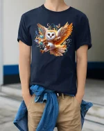 Magical Flying Owl Fantasy Art Tee with Colorful Enchanted Style - model wearing navy tee with hands in pockets