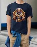 Epic Pharaoh Warrior Tee with Vibrant Egyptian Battle Art - model wearing navy tee with hands in pockets