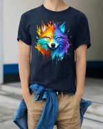 Vibrant Rainbow Wolf Tee with Bold Artistic Splash Design - model wearing navy tee with hands in pockets