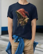 Dark Rogue Hooded Warrior Tee with Epic Fantasy Art Design - model wearing navy tee with hands in pockets
