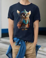 Majestic Tribal Owl Tee with Colorful Fantasy Art Design - model wearing navy tee with hands in pockets