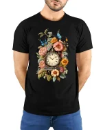 Vintage Floral Clock Butterfly Art Tee with Elegant Style - model wearing black tee with hands behind back
