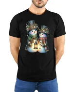 Charming Snowman Couple Tee with Cozy Winter Lantern Artwork - model wearing black tee with hands behind back