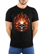 Flaming Skull Tee with Fiery Bold Art and Intense Graphic Style - model wearing black tee with hands behind back
