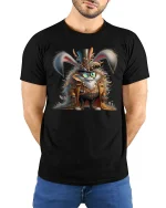 Steampunk Bunny Adventurer Tee with Fantasy Gear Artwork - model wearing black tee with hands behind back