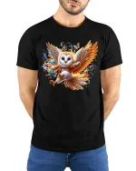 Magical Flying Owl Fantasy Art Tee with Colorful Enchanted Style - model wearing black tee with hands behind back