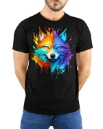 Vibrant Rainbow Wolf Tee with Bold Artistic Splash Design - model wearing black tee with hands behind back