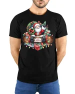 Santa Merry Christmas Tee with Gifts and Festive Lights Design - model wearing black tee with hands behind back
