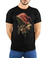 Dark Rogue Hooded Warrior Tee with Epic Fantasy Art Design - model wearing black tee with hands behind back
