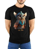 Majestic Tribal Owl Tee with Colorful Fantasy Art Design - model wearing black tee with hands behind back