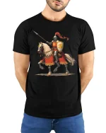 Gallant Knight on Horseback Tee with Bold Medieval Warrior Art - model wearing black tee with hands behind back