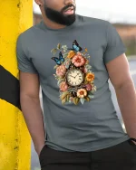 Vintage Floral Clock Butterfly Art Tee with Elegant Style - model wearing grey tee, leaning on column