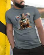 Steampunk Bunny Adventurer Tee with Fantasy Gear Artwork - model wearing grey tee, leaning on column